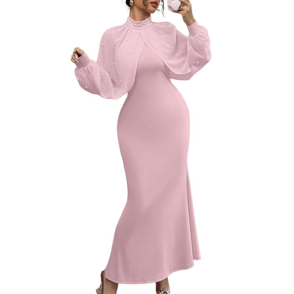 CIENVNSTG Women Long Dress Embroidered Stand Collar Stretch Slim Maxi Gown Female Autumn Party Sheath Dresses Pink L