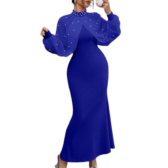 CIENVNSTG Women Long Dress Embroidered Stand Collar Stretch Slim Maxi Gown Female Autumn Party Sheath Dresses Royal Blue M