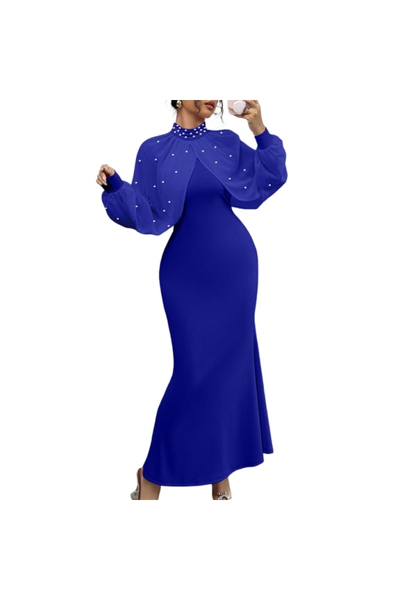 Women Long Dress Embroidered Stand Collar Stretch Slim Maxi Gown Female Autumn Party Sheath Dresses Royal Blue S