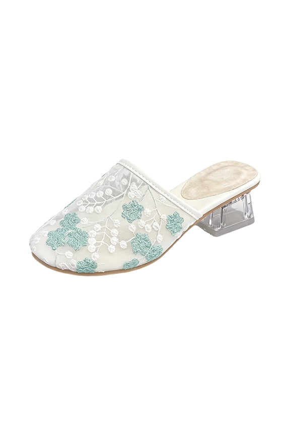 Women'S Ethnic Back Open Mules Floral Embroidery Mesh Closed Toe Clear Block Heel Mule Slippers Lightweight Breathable For Wedding, Office & Everyday Wear Mint Green 36
