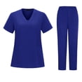 thumbnail image 1 of CIENVNSTG Women Scrubs Set V Neck Short Sleeve T-Shirts Soft Stretch Solid Color Straight Leg Pants Blue L, 1 of 4