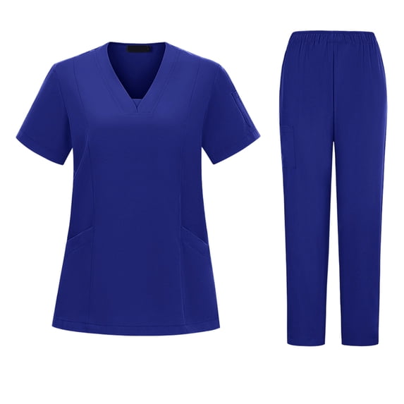 CIENVNSTG Women Scrubs Set V Neck Short Sleeve T-Shirts Soft Stretch Solid Color Straight Leg Pants Blue L