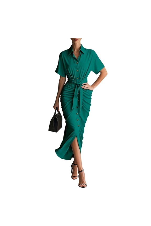 Women Shirt Dresses Spring Button Short Sleeve Satin Ruched Maxi Summer Dress 2026 Cocktail Party Wedding Green L