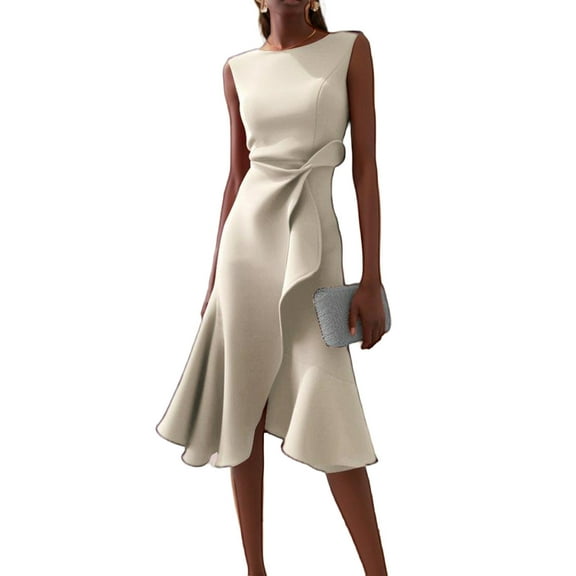 CIENVNSTG Women Sleeveless Solid Color Round Neck Midi Dress Elegant Slim Fit Formal Fashion Evening Party Dresses Clothing White S