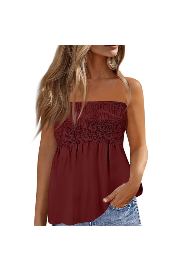 Women Summer Basic Tube Tops Strapless Loose Bandeau Blouses Solid Off Shoulder Sleeveless Tunic Tops for Daily Commute Casual Looks and Simple Matching Wine M