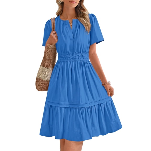 CIENVNSTG Women Summer Midi Dresses Woman 2025 Elegant Ladies V-neck Short Sleeve Waist Dress Robe Femmes Blue XL