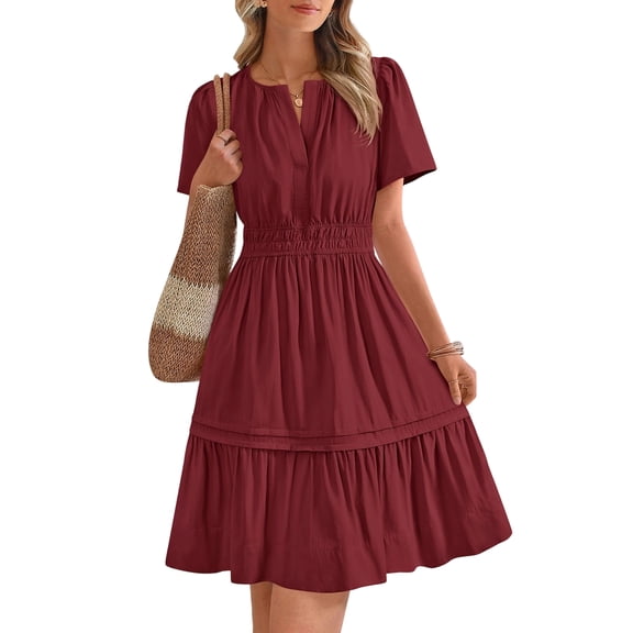 CIENVNSTG Women Summer Midi Dresses Woman 2025 Elegant Ladies V-neck Short Sleeve Waist Dress Robe Femmes Wine M