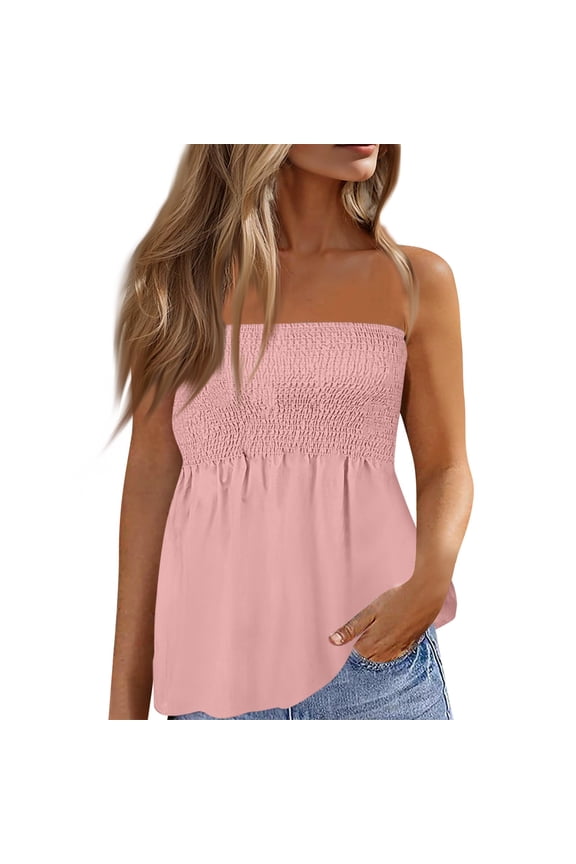 Women Summer Solid Tube Tops Casual Loose Fit Bandeau Blouses Sleeveless Off Shoulder Tunic Tops for Everyday Wear Vacation Outings and Simple Style Pink M