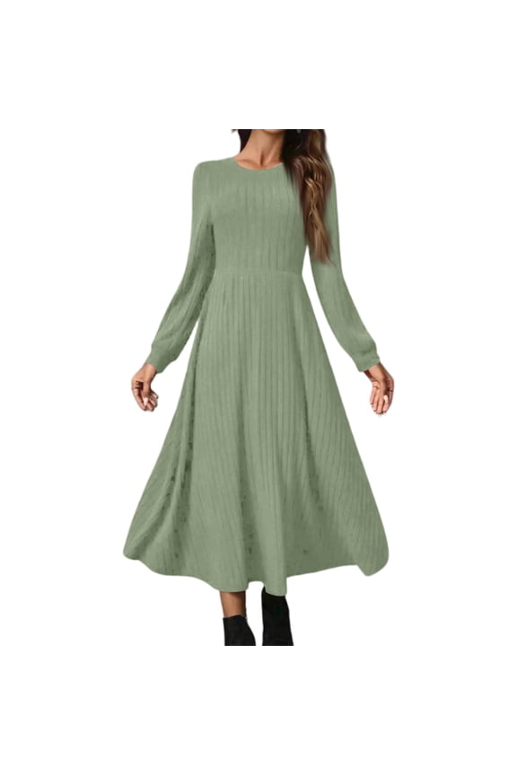 Women Sweater Dress Round Neck Long Sleeve Ribbed Knit Slimming Maxi Dress Fall Pleated Elegant A Line Winter Dresses 2XL