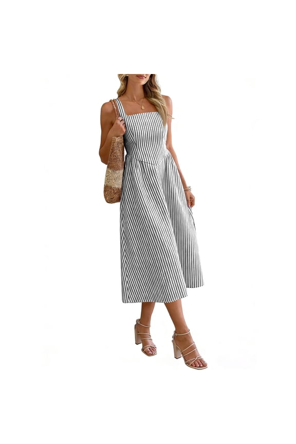 Women Sweet Maxi Dress Wide Strap Square Neck Flare Dress Summer Sundress Black M