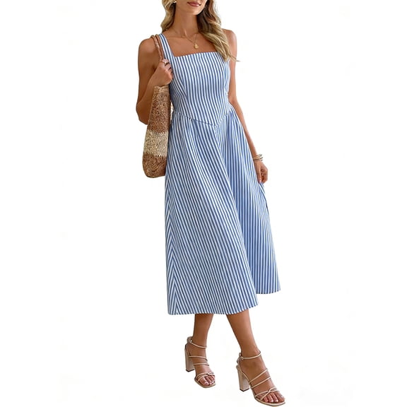 CIENVNSTG Women Sweet Maxi Dress Wide Strap Square Neck Flare Dress Summer Sundress Blue XL