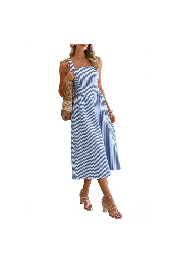 Women Sweet Maxi Dress Wide Strap Square Neck Flare Dress Summer Sundress Blue XL