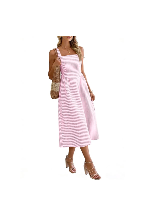 Women Sweet Maxi Dress Wide Strap Square Neck Flare Dress Summer Sundress Pink M