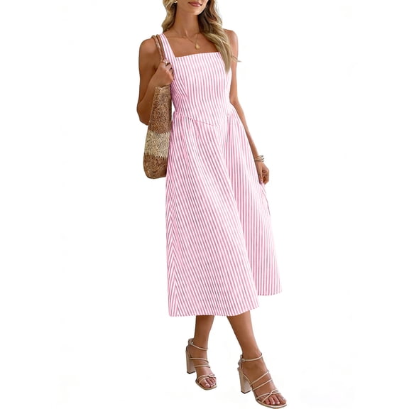 CIENVNSTG Women Sweet Maxi Dress Wide Strap Square Neck Flare Dress Summer Sundress Pink XL