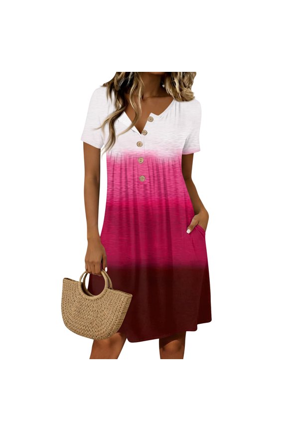 Women T Shirt Dress 2026 Button Down V Neck Gradient Printed Midi Dresses Beach Shift Sundresses with Pockets Hot Pink M