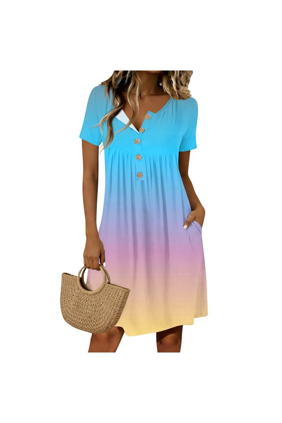 Women T Shirt Dress 2026 Button Down V Neck Gradient Printed Midi Dresses Beach Shift Sundresses with Pockets Light Blue M