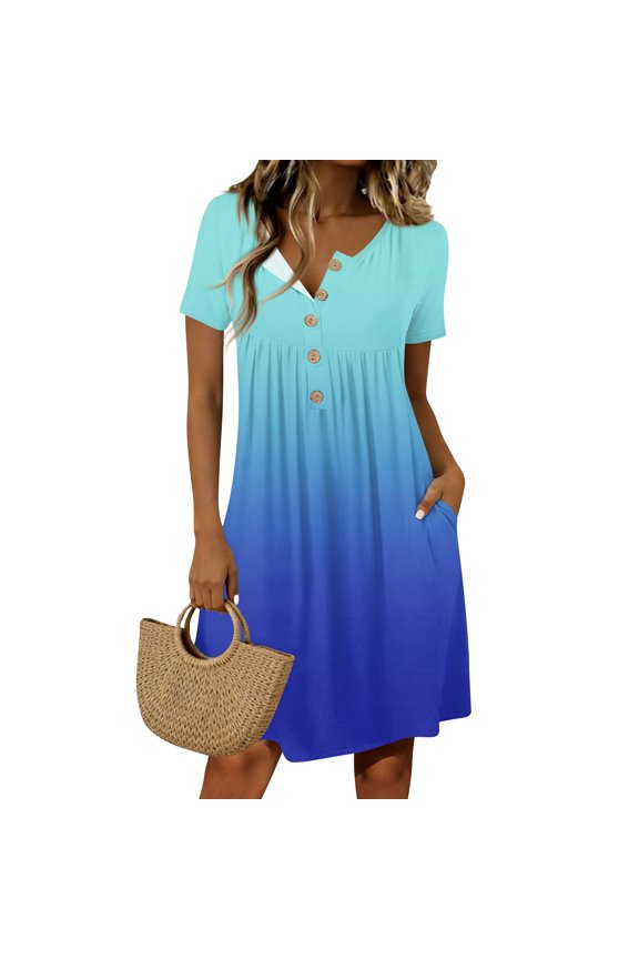 Women T Shirt Dress 2026 Button Down V Neck Gradient Printed Midi Dresses Beach Shift Sundresses with Pockets Royal Blue L