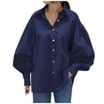 thumbnail image 1 of CIENVNSTG Women's 2026 Spring Fall Trendy Casual Lapel Button Down Blouse Lantern Puff Long Sleeve V Neck Loose Solid Plus Size Oversized Top Soft Lightweight Office Work Travel Outfit Blue XL, 1 of 6
