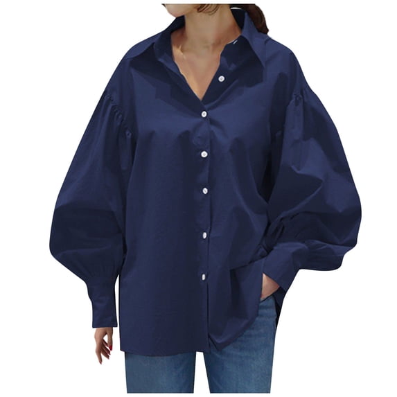 CIENVNSTG Women's 2026 Spring Fall Trendy Casual Lapel Button Down Blouse Lantern Puff Long Sleeve V Neck Loose Solid Plus Size Oversized Top Soft Lightweight Office Work Travel Outfit Blue XL