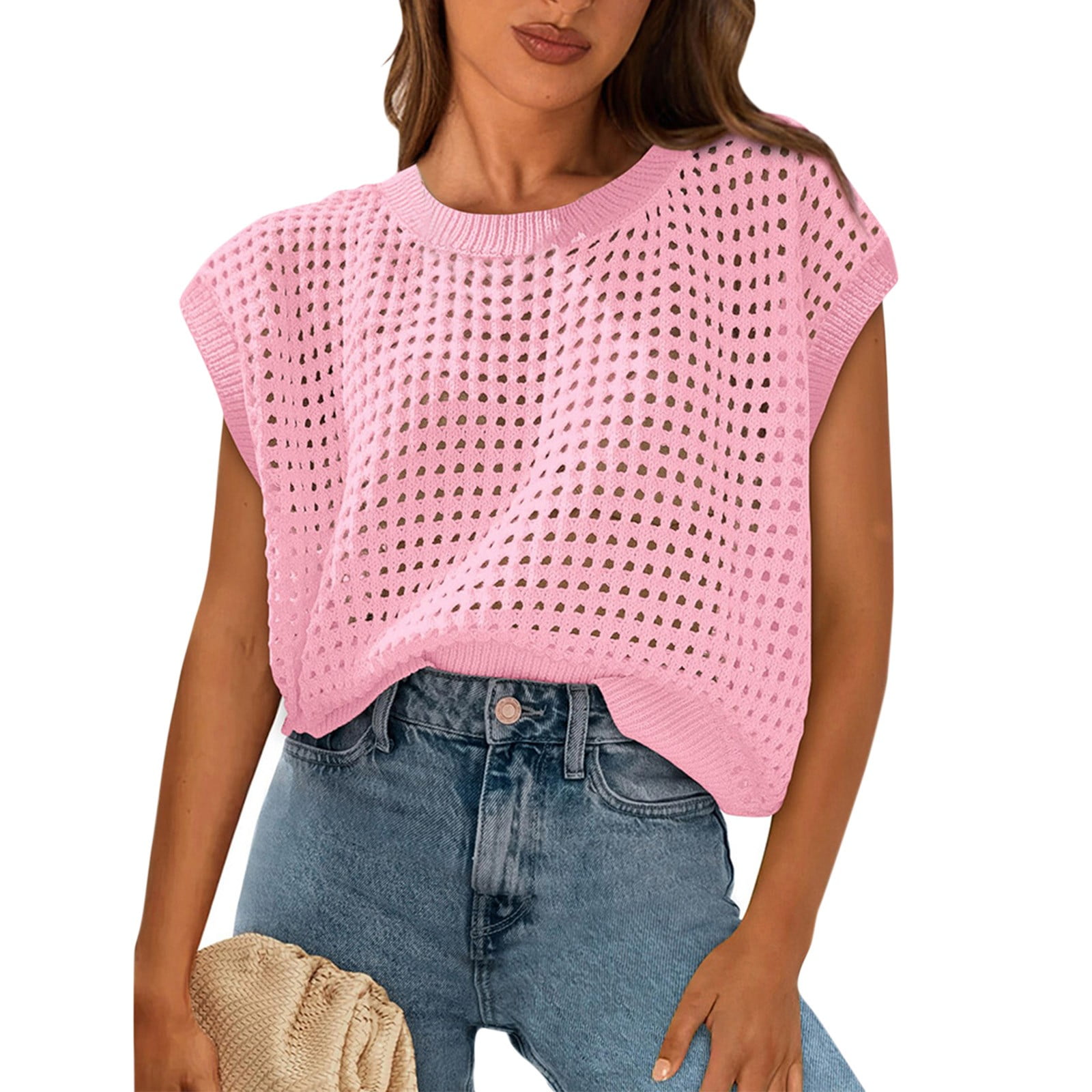 CIENVNSTG Women's 2032 Spring Summer Tops Cute Crochet Short Sleeve ...