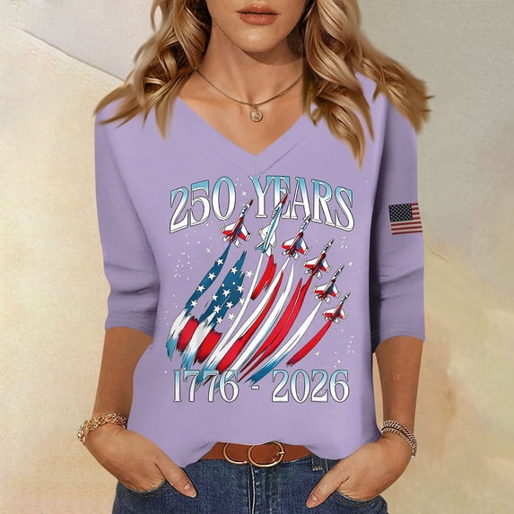 CIENVNSTG Women's 3/4 Length Sleeve V-Neck T-Shirts 250 Years 1776-2026 USA Flag Print Loose Fit Lightweight Tops for Patriotic Independence Day Daily Summer Outfits Purple M