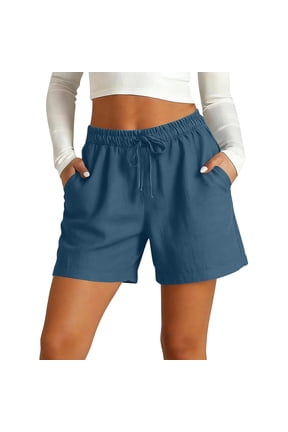 Women's Cotton Linen Elastic Waist Shorts Drawstring Loose Fit Breathable Bottoms for Weekend Getaways And Summer Casual Loungewear Styling Blue Blue S