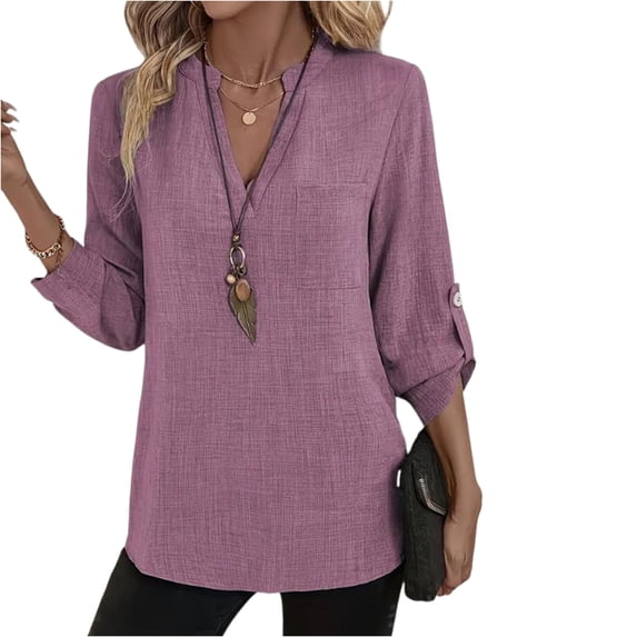 CIENVNSTG Women's Cotton Linen Shirts Tops with 3/8 Length Sleeve Button Down V Neck Lightweight Blouse for Vacation Work School Business Casual Wear Everyday with Style Purple XL