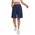 thumbnail image 1 of CIENVNSTG Women's Drawstring High Waisted Cargo Bermuda Shorts Wide Leg Knee Length with Pockets Trendy for Summer Everyday Casual Wear Dark Blue Dark Blue S, 1 of 6