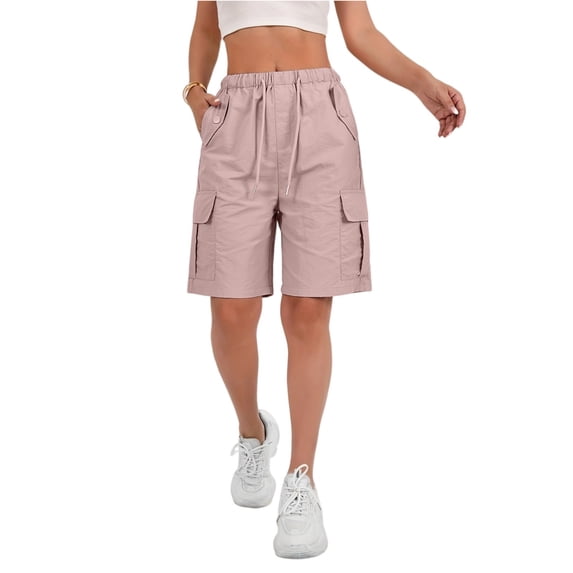 CIENVNSTG Women's Drawstring Wide Leg Cargo Bermuda Shorts High Waisted Knee Length with Pockets Trendy for Summer Casual Hiking Outfits Pink Pink S