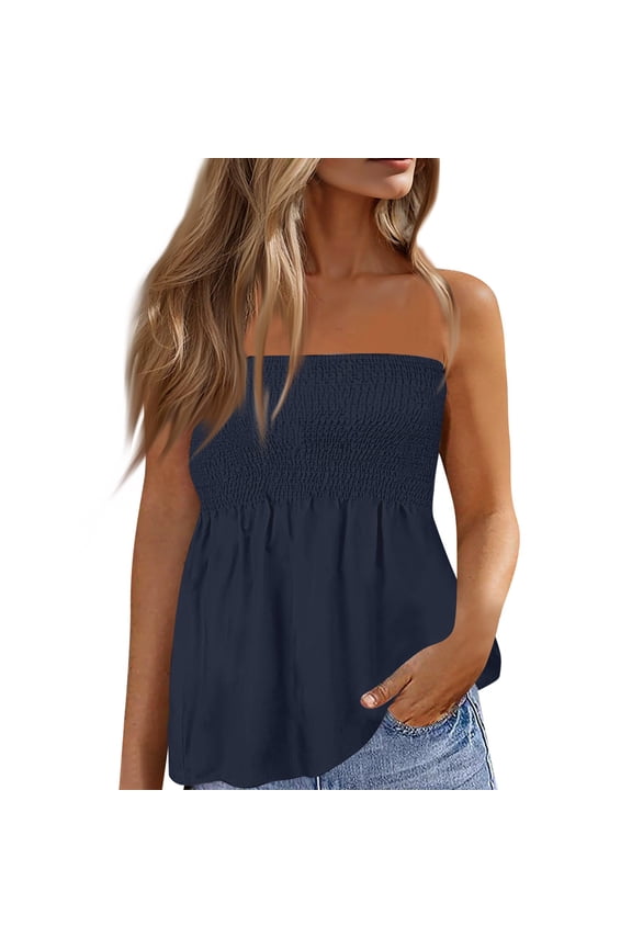 Women's Elastic Pleated Long Tube Tops Spring Summer Sleeveless Strapless Bandeau Tanks Off The Shoulder Casual Tunic Shirts Stylish Fashion Clothing for Everyday Wear Navy XL