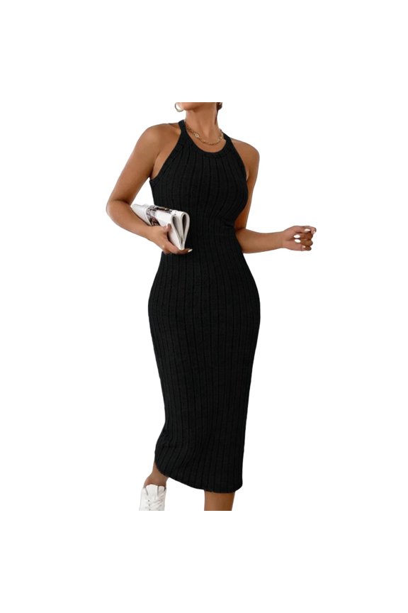 Women's Halter Neck Sleeveless Bodycon Slip Dress Ribbed Split Knit Stretchy Dress Bodycon Club Party Maxi Long Dresses Black M