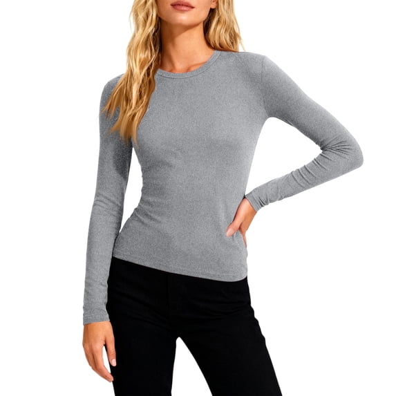 CIENVNSTG Women's Long Sleeve Crew Neck Fitted Basic Tee Shirts Cozy Spring 2026 Casual Going Out Crop Tops Slim Fit Tight Y2K Design Clothes Gray S