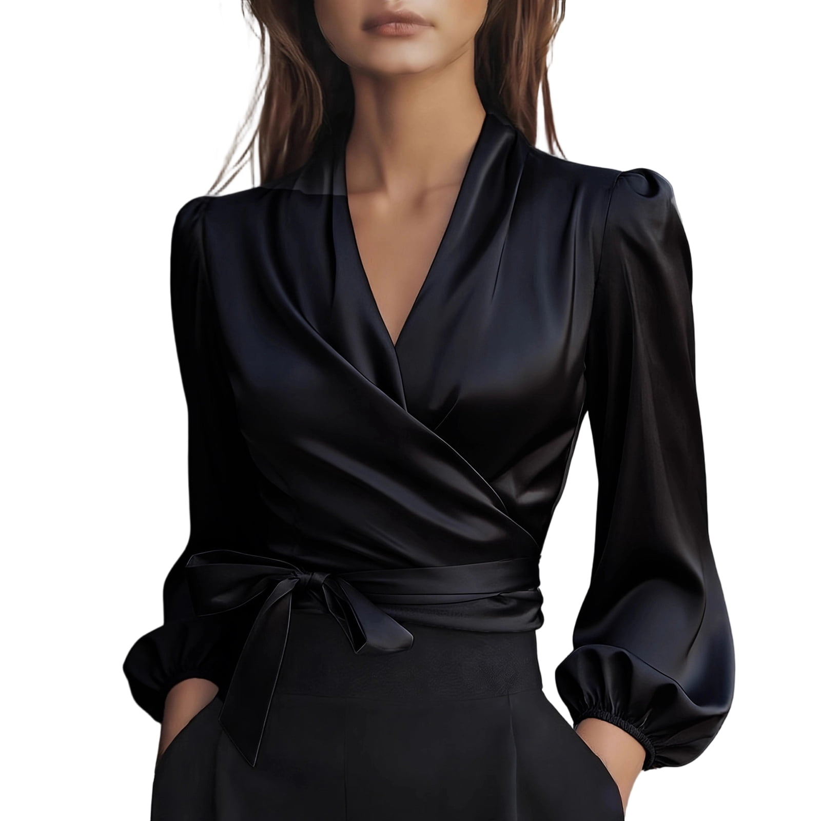 CIENVNSTG Women's Long Sleeve Satin Wrap Blouse Sexy Criss Cross V Neck ...