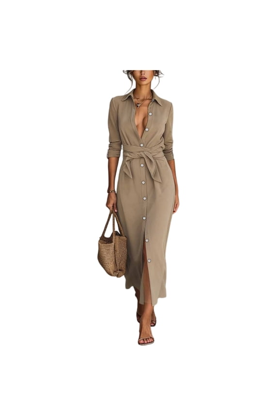 Women's Maxi Dress Button Down Casual Shirt Dress Long Sleeve Lapel Collared Cocktail Wedding Guest Dress Khaki S