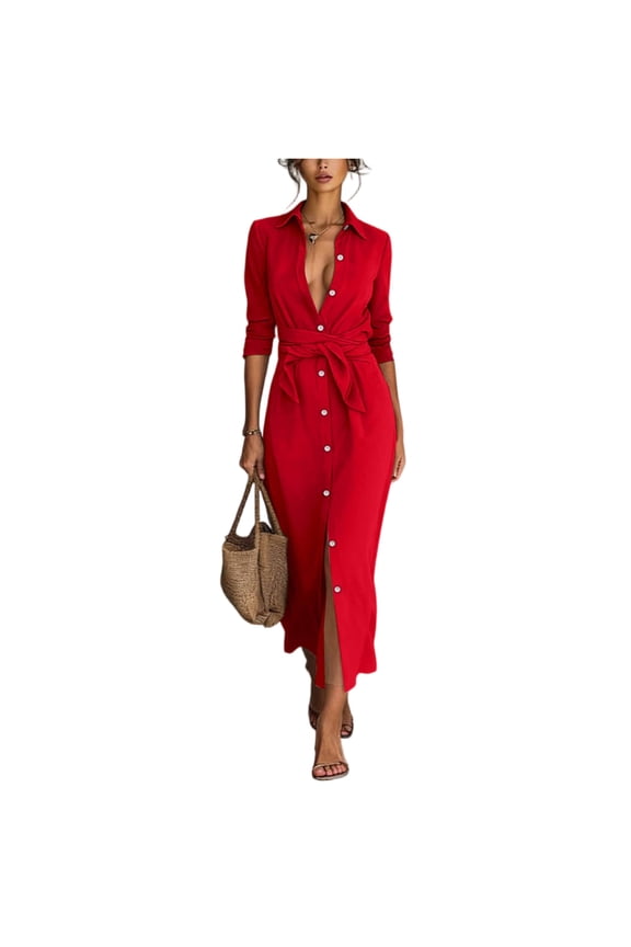 Women's Maxi Dress Button Down Casual Shirt Dress Long Sleeve Lapel Collared Cocktail Wedding Guest Dress Red 2XL