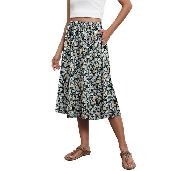 CIENVNSTG Women's Midi Skirts Summer Elastic Waist Printed/Solid Flowy Skirts Trendy Pleated Boho Flowy A-Line Summer Midi Skirt with Pockets Green_002 L