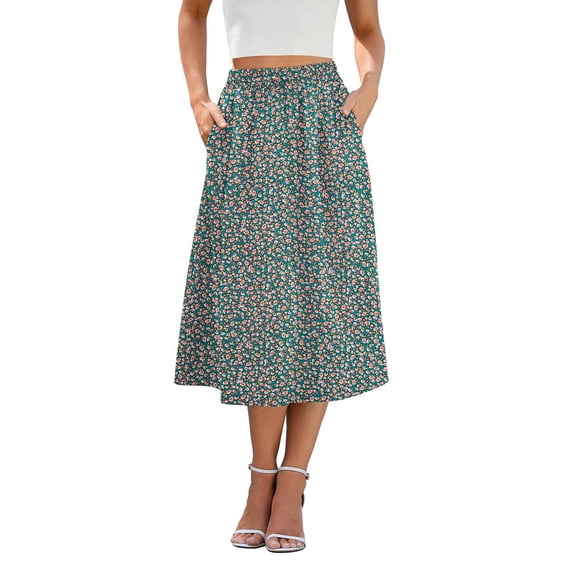 CIENVNSTG Women's Midi Skirts Summer Elastic Waist Printed/Solid Flowy Skirts Trendy Pleated Boho Flowy A-Line Summer Midi Skirt with Pockets Mint Green M
