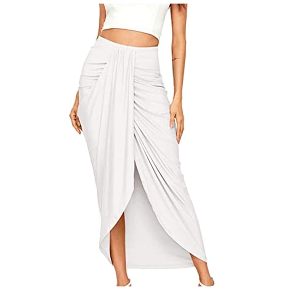 CIENVNSTG Women's Mini Skirts Casual Slit Wrap Asymmetrical Elastic Bodycon High Waist Maxi Draped Skirt For Beach,Office White XL