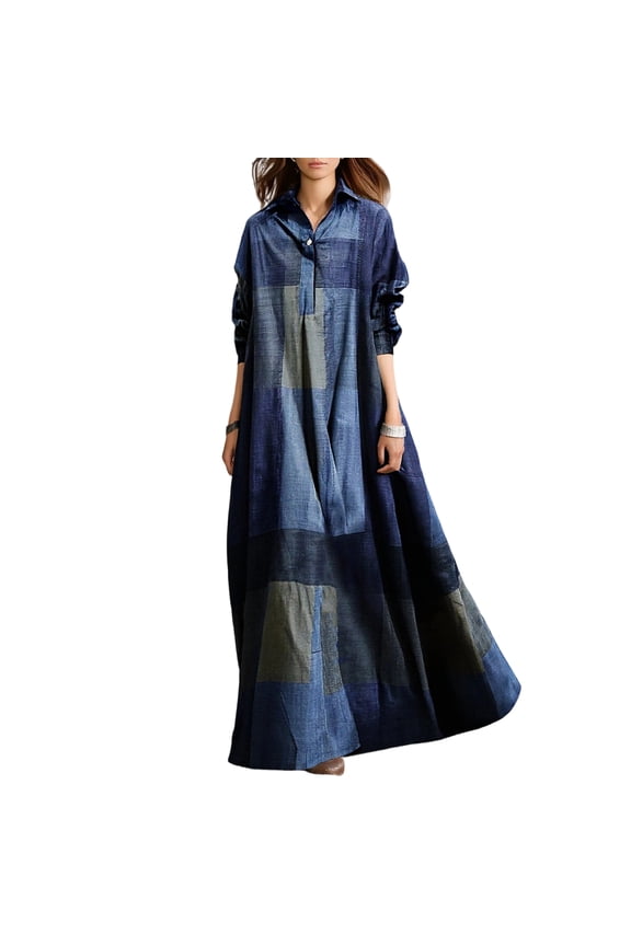 Women's National Style Clothes Printed Loose Long Sleeves Dress Casual Fashion Cotton Hemp Dress Blue 2XL