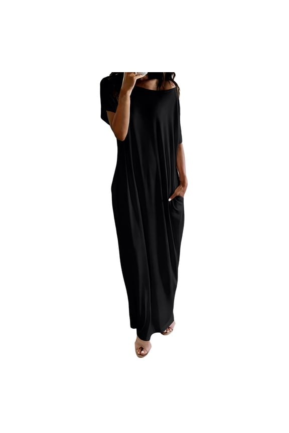 Women's Off-Shoulder Dresses Casual Short Sleeve Maxi Lounge Dress Solid Color Loose Comfy Baggy Nightdress with Pockets Black XL