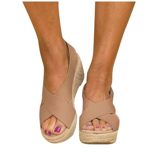 CIENVNSTG Women's Open Toe Wedge Sandals Thick Platform Bottom Crisscross Ankle Strap Adjustable Buckle Stylish Shoes for Daily Summer Outfits Khaki 43