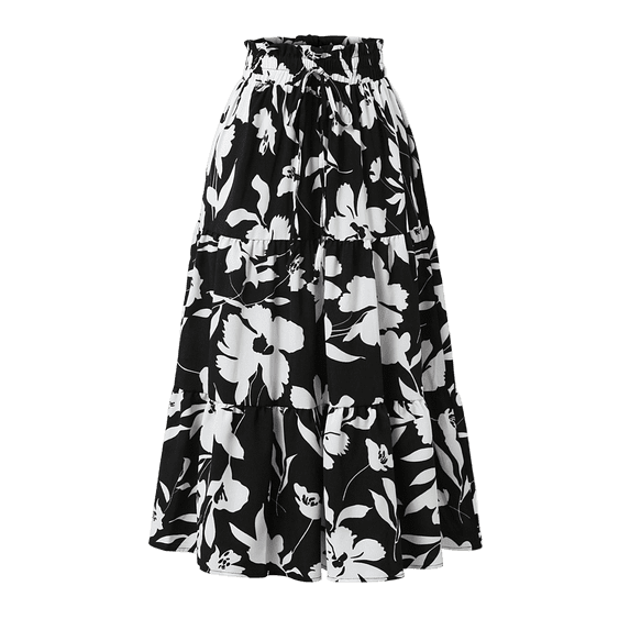 CIENVNSTG Women's Pleated Skirt Summer Vacation Drawstring Waist Vintage Floral Maxi Skirt Chiffon Elastic Waist A-Line Midi Length Skirt Black L
