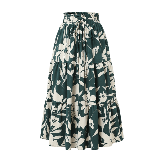 CIENVNSTG Women's Pleated Skirt Summer Vacation Drawstring Waist Vintage Floral Maxi Skirt Chiffon Elastic Waist A-Line Midi Length Skirt Green L