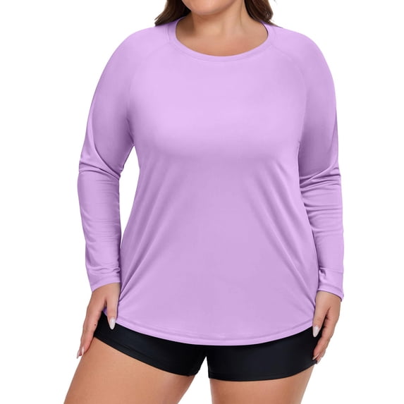 CIENVNSTG Women's Plus Size Sun Shirts UV Protection Long Sleeve Crew Neck Rash Guard Tops Quick Dry Stretch Baggy Workout Shirt Purple L