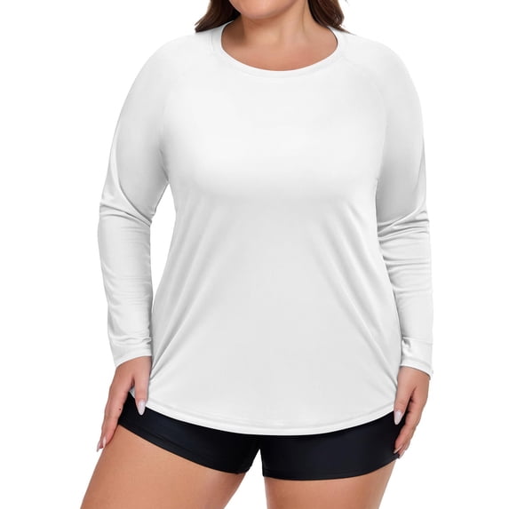 CIENVNSTG Women's Plus Size Sun Shirts UV Protection Long Sleeve Crew Neck Rash Guard Tops Quick Dry Stretch Baggy Workout Shirt White XXXXXL