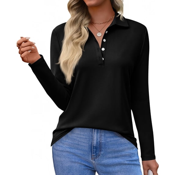 CIENVNSTG Women's Polo Shirts Long Sleeve Button Down Golf Shirt Lightweight Breathable Lapel Collar Henley Shirts Solid Color Versatile Basic Shirts Black S