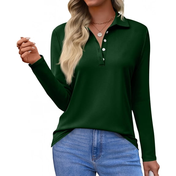 CIENVNSTG Women's Polo Shirts Long Sleeve Button Down Golf Shirt Lightweight Breathable Lapel Collar Henley Shirts Solid Color Versatile Basic Shirts Dark Green S
