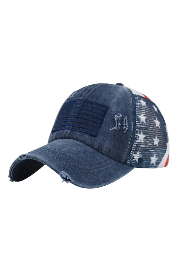 Women's Ponytail Baseball Cap With Embroidered American Flag, Distressed Trucker Hat, Mesh Adjustable Velcro Breathable Patriotic Cap For Casual, Outdoor, 4th Of July Navy