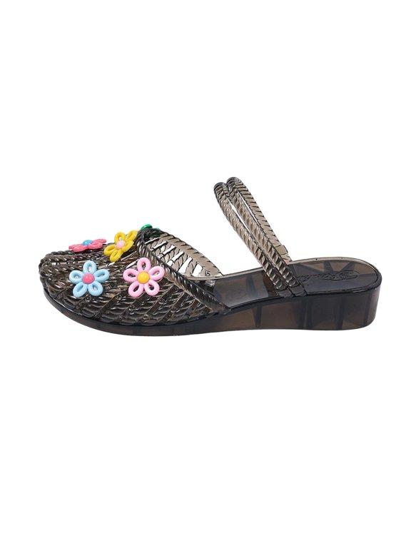 Women's Sandals Hollow Woven Colorful Flower Wedge Mule Slippers Fashion lightweight Walking Flat Shoes for Walking Comfort Black 37