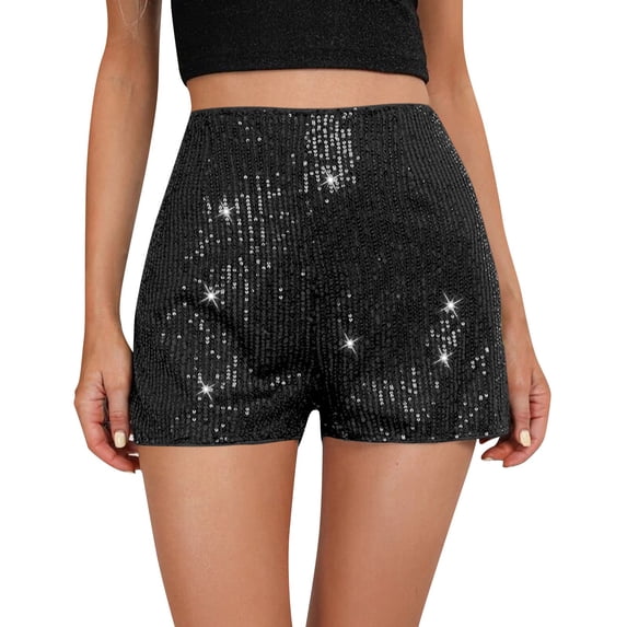 CIENVNSTG Women's Sequins Elastic High Waist Shorts Straight Leg Sparkly Glitter Bottoms for Party Gathering Night Event And Fashion Casual Styling Black Black L